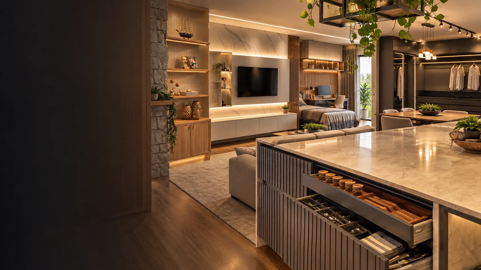 Ambiente integrado com cozinha, sala, dormitório e closet planejados em madeira e iluminação quente